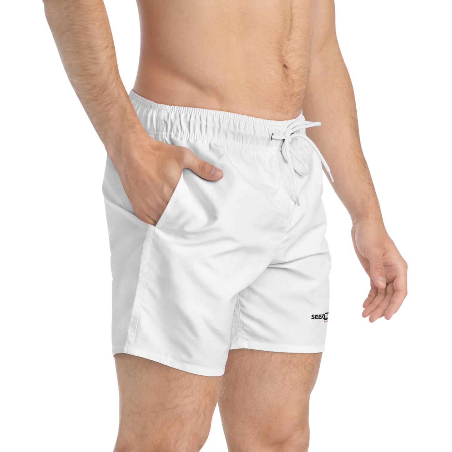 Men's White Swim Trunks with SEEK BRIDGES Design - Perfect for Beach Days and Pool Parties