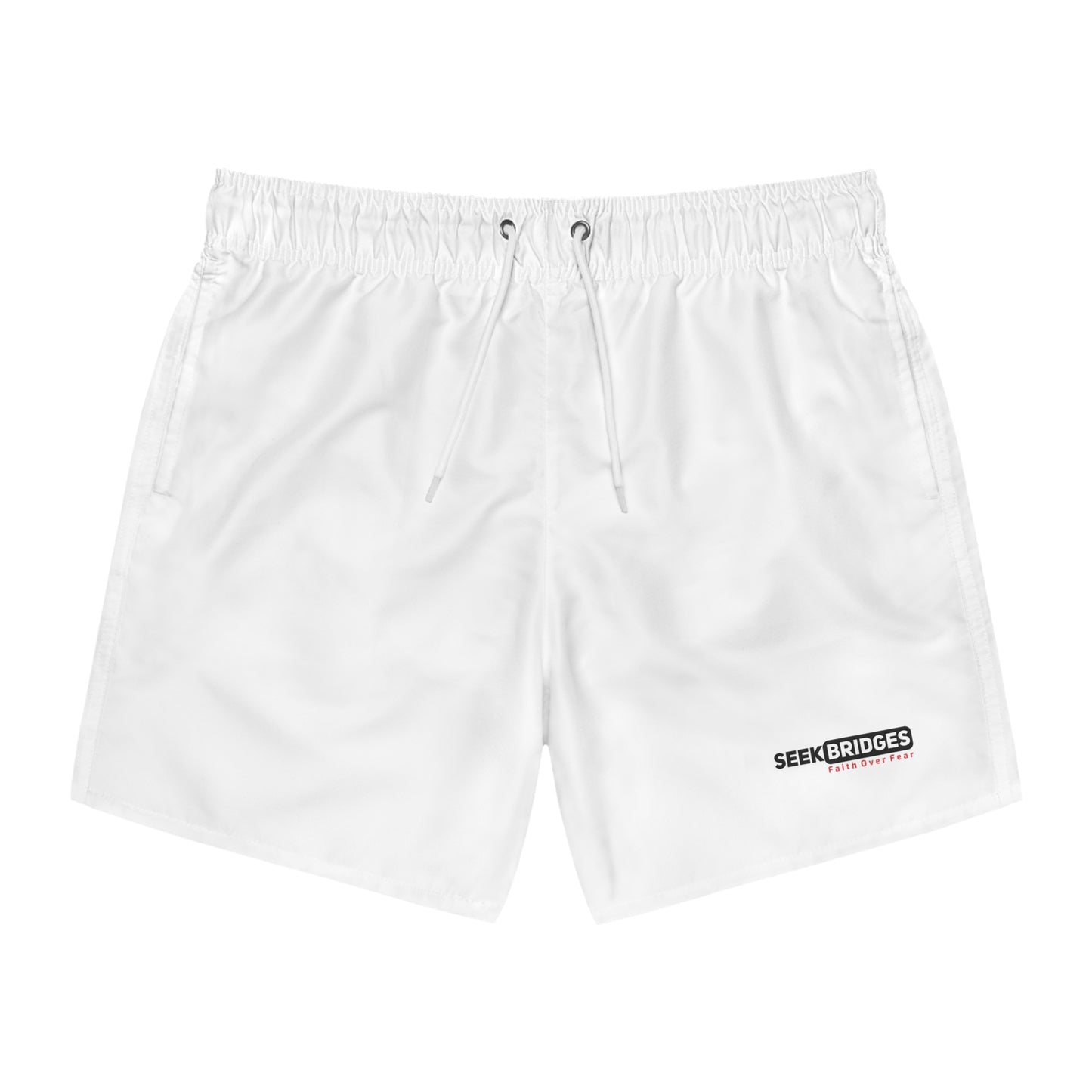 Men's White Swim Trunks with SEEK BRIDGES Design - Perfect for Beach Days and Pool Parties