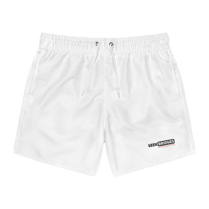 Men's White Swim Trunks with SEEK BRIDGES Design - Perfect for Beach Days and Pool Parties