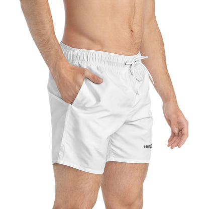 Men's White Swim Trunks with SEEK BRIDGES Design - Perfect for Beach Days and Pool Parties